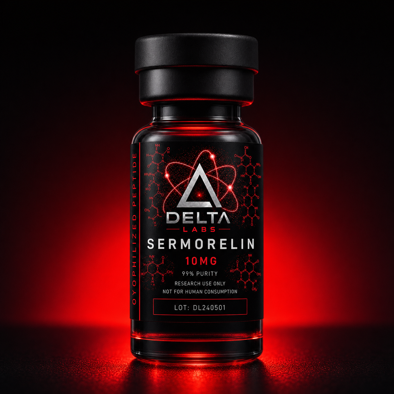 Sermorelin research peptide vial — Delta Labs 10MG 99% purity